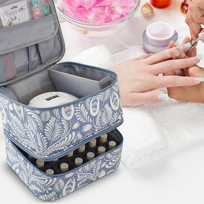 Buruis Double-Layer Nail Polish Organizer Bag, Holds 27 Bottles (15ML/0.5 FL.OZ or Larger), Nail Tools & Dryer Storage Case with Adjustable Dividers (Light Blue Leaf)