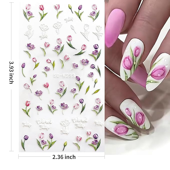 Nail Stickers, 4 Sheets Floral Nail Art Decals, Self-Adhesive 5D Embossed Designs for DIY Manicure