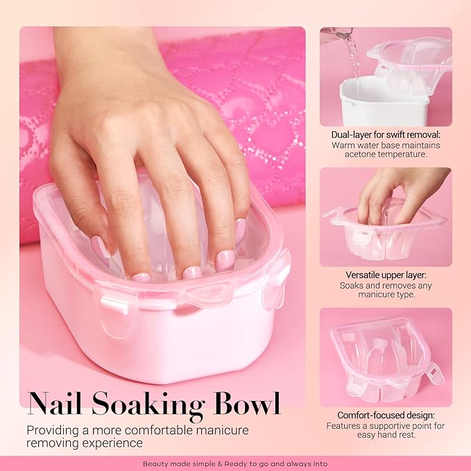 AZUREBEAUTY Nail Soaking Bowl, Soak Off Dip Powder Gel Polish Remover, Manicure Bowl for Hand with 15ml Cuticle Oil Nail Art Tools, Nail Brush, Cuticle Pusher, Cuticle Peeler, Nail File Buffer