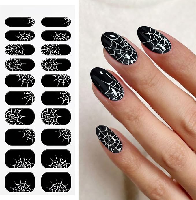 JMEOWIO Semi Cured Gel Nail Strips Halloween Black Gel Nail Stickers Nails Art Design Decoration Accessories