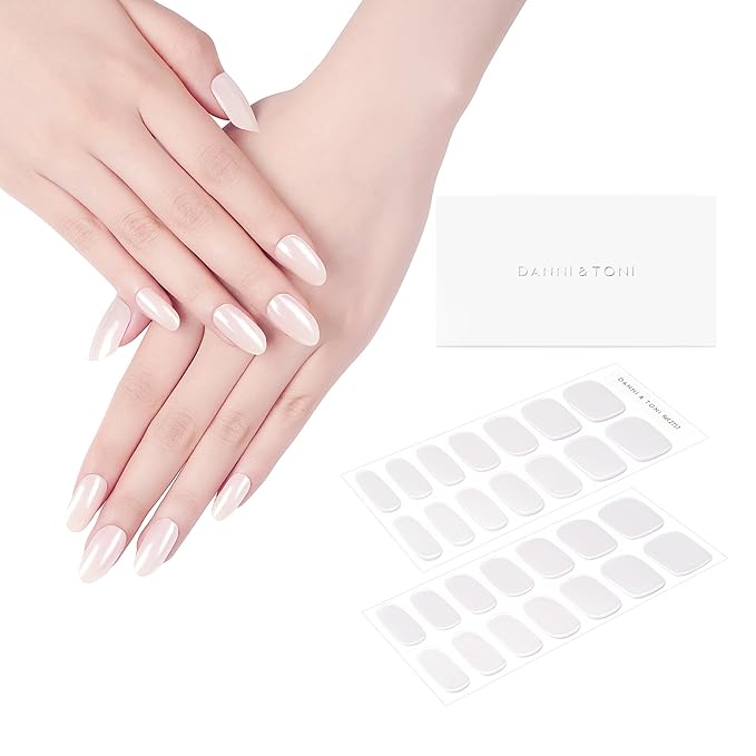 DANNI & TONI Semi Cured Gel Nail Strips Pearl White (Pearl Velocity) Mirror Gel Nail Wraps 28 Stickers