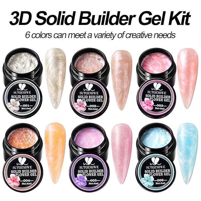 Solid Builder Nail Gel,6 Colors Non-Sticky Hand 3D Sculpting Gel for Nail Art, Nail Extension Glue Hard Gels Nail Kit with Nails Rhinestone for 3D Flower Carving Modeling Manicure Salon Supplies