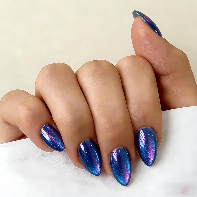 Chrome Royal Blue Press on Nails Short Almond, Glazed Cute Fake Nails with Sparkle Mirror Design, Cat Eye Glitter Glue on Nails Stiletto, Gel Nail Press ons with Glue for Fingernail 30 Pcs