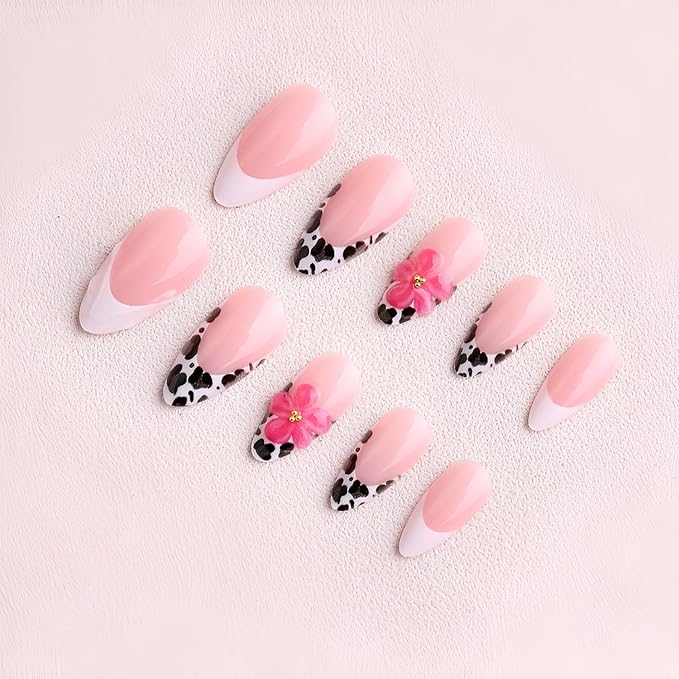 French Tip Press on Nails Medium Almond Fake Nails 3D Flower Nails Press Ons with Rhinestones Design Leopard Print False Nails Glossy Glue on Nail Acrylic Stick on Nail for Women 24Pcs