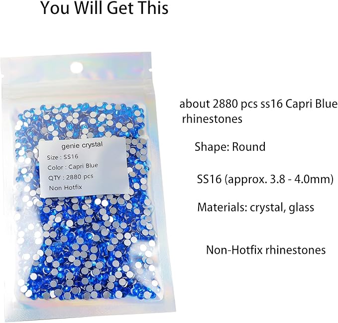 Genie Crystal 2880 Pcs Capri Blue Rhinestones Non Hotfix 16ss, 4mm 20 Gross Flatback Glass Rhinestone for DIY Craft, Shoes, Tumbler Cup,Nail Art