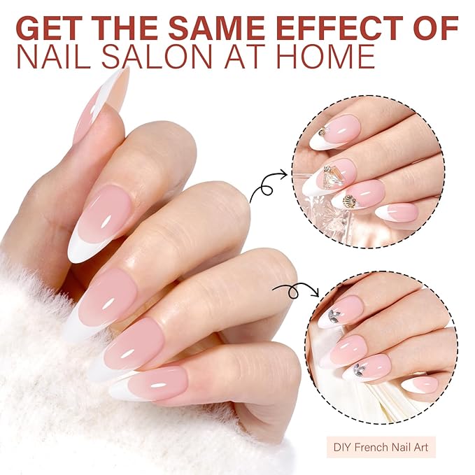 AILLSA French Gel Nail Tips,180 Pcs Pink Medium Almond French Tip Press On Nails, Pre-Applied Primer & Base Coat, No Need File, Almond Fake Nails Press ons with Designs 15 Sizes
