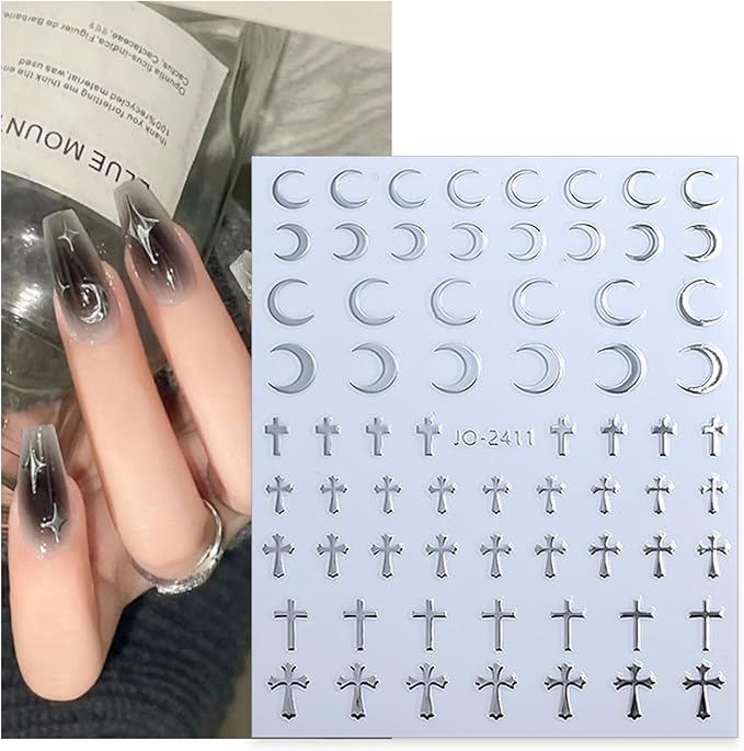 8 Sheets Silver Nail Art Stickers Decals Angel Wings Crosses Nail Stickers Sun Stars Moon Totem Design Nail Decals 3D Self-Adhesive Nail Stickers for Women Manicure Decoration