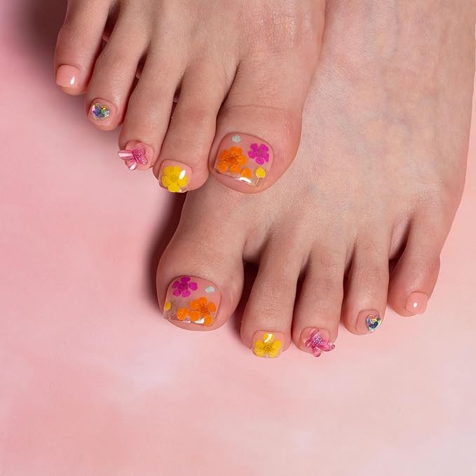 LOVFUL Handmade Acrylic Press on Toenails Flora | Salon Quality 20 PCS Free Size Toe Nails | Reusable Fake Nails for Toe | T176