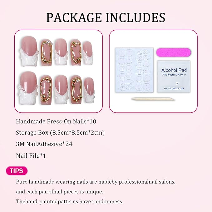 Handmade Press on Nails Square Shape Luxury Medium Hand Made Nails with 3D Pearl & Golden Embossed Design Full Cover White French Tip False Nail for Women (S)