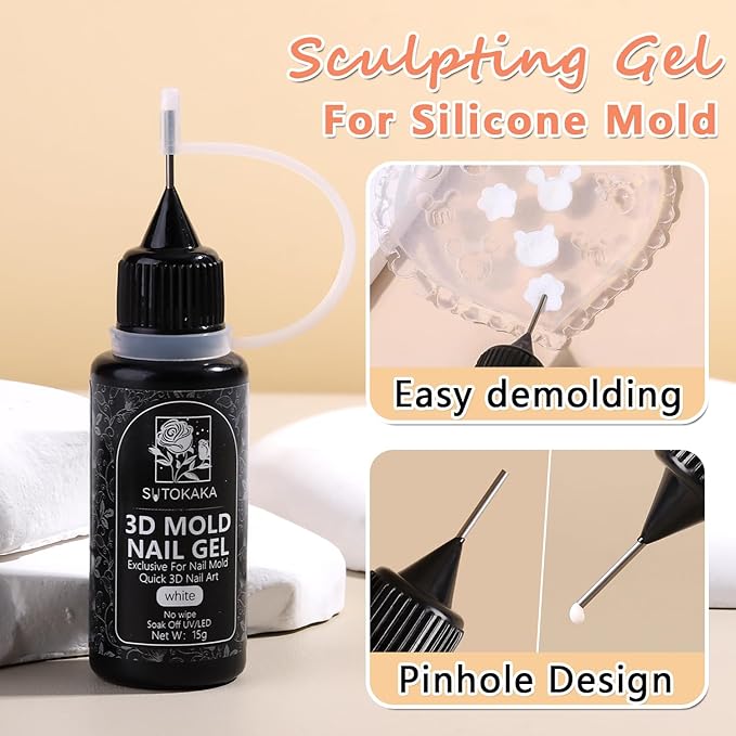 3D Gel Nail Art, 15g White Sculpting Gel 1-Minute Quick Molding No Wipe Gels Polish for Silicone Nail Molds, Carving 3D Charms Resin Craft U V LED Lamp Needed DIY Home Salon