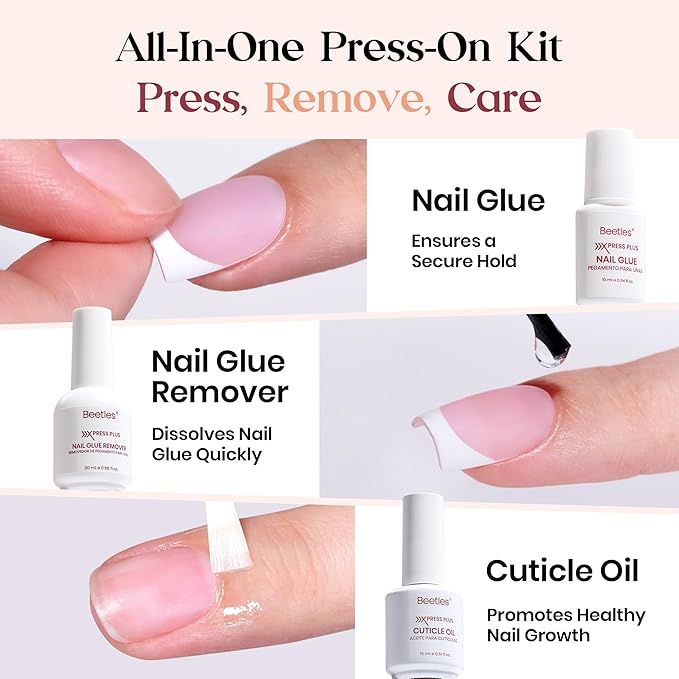 Beetles X Press Plus Gel Nails Kit - Glow French | Pink Short Square French Tip Press On Nails | 150Pcs 15 Sizes All-in-One Kit With Nail Glue,Remover,Builder Top Coat,Nail Lamp Gift For Women