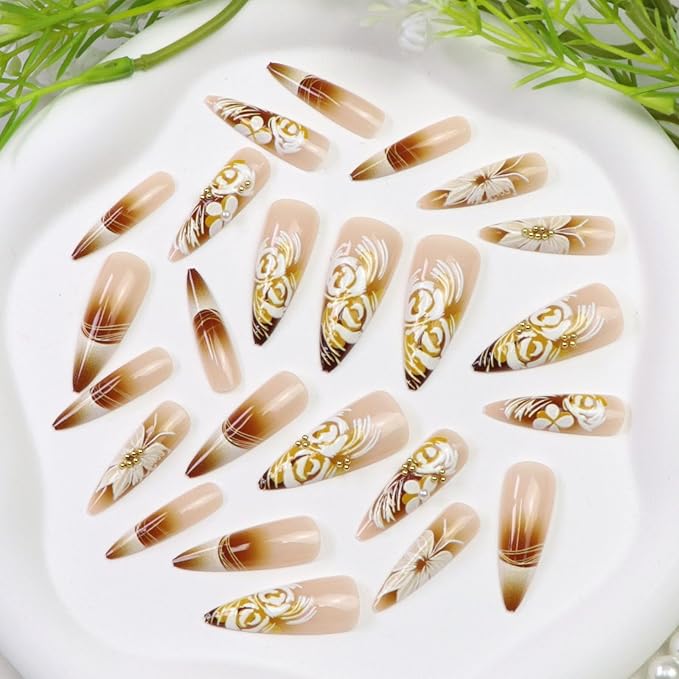 Long Press on Nails Stiletto Fake Nails Press ons with Butterfly Flower Line Swirl Designs Cute Almond Glue on Nails Acrylic Glossy Full Cover Stick on Nails for Women 24 Pcs