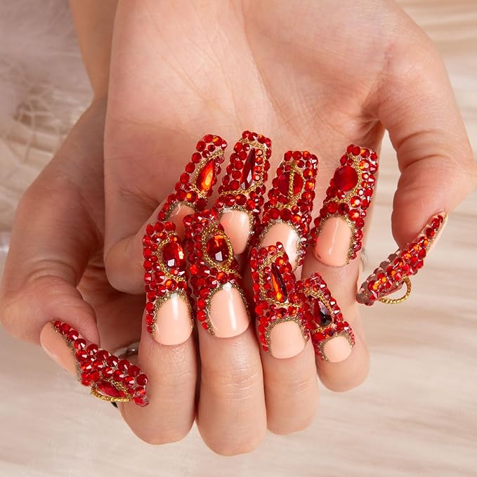 LOVFUL Press on Nails Flamingo | Handmade with Full Covered Crystals | Reusable Full Cover Nails | Coffin Classic Regular 1.3 in | H37-S