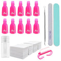 Gel Nail Polish Remover Kit with 10pcs Pink Nail Polish Remover Clips Cap, Dispenser Bottle,Gel Polish Cuticle Pusher, 400 PCS Cotton Pads, Handle Brushes, Nail File, Buffer Block