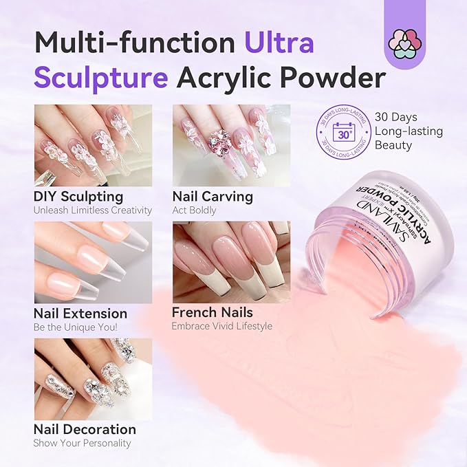 SAVILAND Acrylic Powder: 4PCS 1oz 30g Clear White Nudes Pink Colored Keratin Acrylic Nail Powder Set Professional Nail Powder for Extension 3D Carving