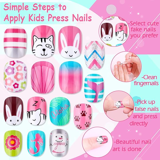 Kids Press on Nails, Thrilez 144Pcs Girls False Nails Children Artificial Fake Nail Tips Pre Glue Stick on Short Nails Decoration Gift for Kids Teens Girls Age 7 12 (Colorful Days)