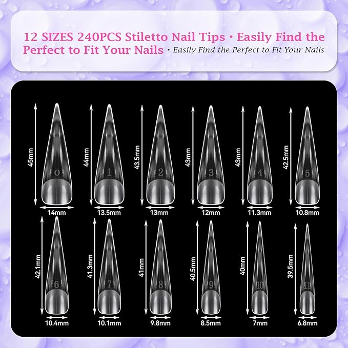 outopen 240pcs Long Straight Sharp Stiletto Nail Tips Clear Matte Full Cover Nail Extension Tips Long Stiletto Spiky Nail Tips Gel Press on Nails for Polygel Acrylic Extension DIY Manicure, 12 Sizes