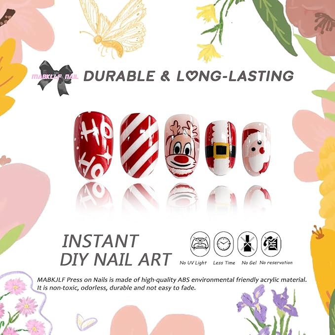 Christmas Press on Nails Medium Oval MABKJLF Fake Nails False Nails with Reindeer Snowflake Santa Stripes Designs Red Glossy Glue on Nail Winter Full Cover Acrylic Nails for Women Girls 24Pcs