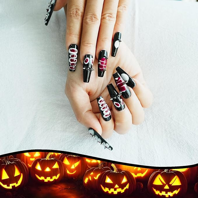 Snake Press on Nails Long Coffin Y2K Edgy Design - 3D Metal Studs Charms Punk Goth False Nails, Reusable False Nails for Halloween, Parties (Snake Skin,M)