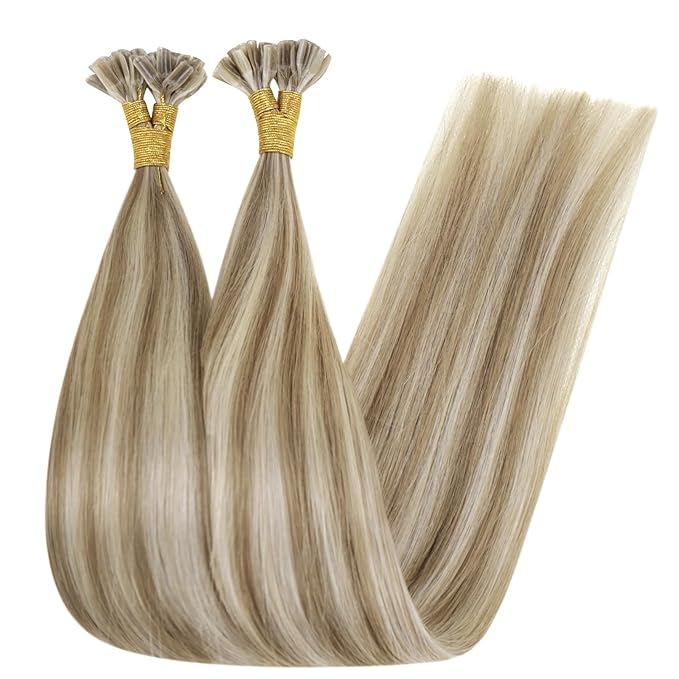 RUNATURE Utip Hair Extensions Real Human Hair Ash Brown with Platinum Blonde U Tip Hair Extensions 20 Inch Long Straight Hair Ktip Hair Extension Full Ends Keratin Hair Extension Remy 50g 50s