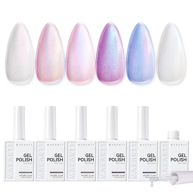 Makartt Pearl Gel Nail Polish Set 15ml One N'Done 6 Colors Shimmer Mermaid Glitter UV Gel Polish Soak Off High-Gloss, Salon-Grade Nail Art Manicure DIY Salon Home - Nebula Spectrum