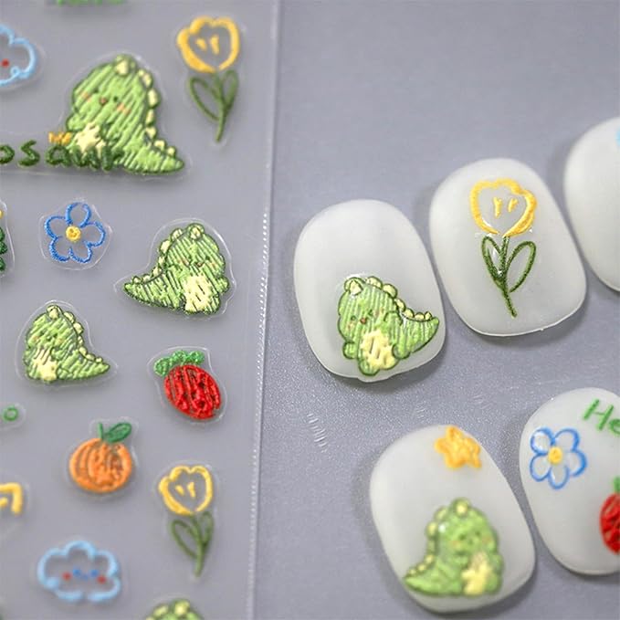 Dedyel Cute Nail Stickers 5D Embossed Cartoon Dinosaur Kawaii Animal Self-Adhesive Nail Decals for Women Girls Kids Nail Art Decoration