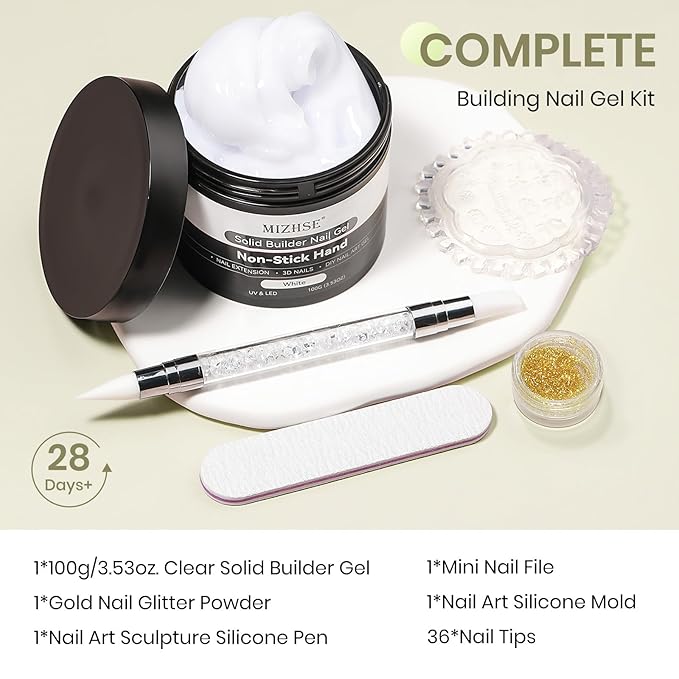 MIZHSE 100g Solid Builder Gel, Large Capacity White Sculpting Gel for Nails, Non-sticky Hand 3D Nail Art Building Carving Modeling Hard Nail Extension with 3D Mold Nail Art Salon Home DIY
