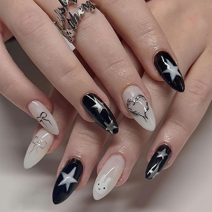 Press On Nails Medium Almond Fake Nails Full Cover White Black False Nails with Silver Stars Bow Designs Y2K Press On Nails Rhinestones Glossy Acrylic Artificial Nails for Women Girls