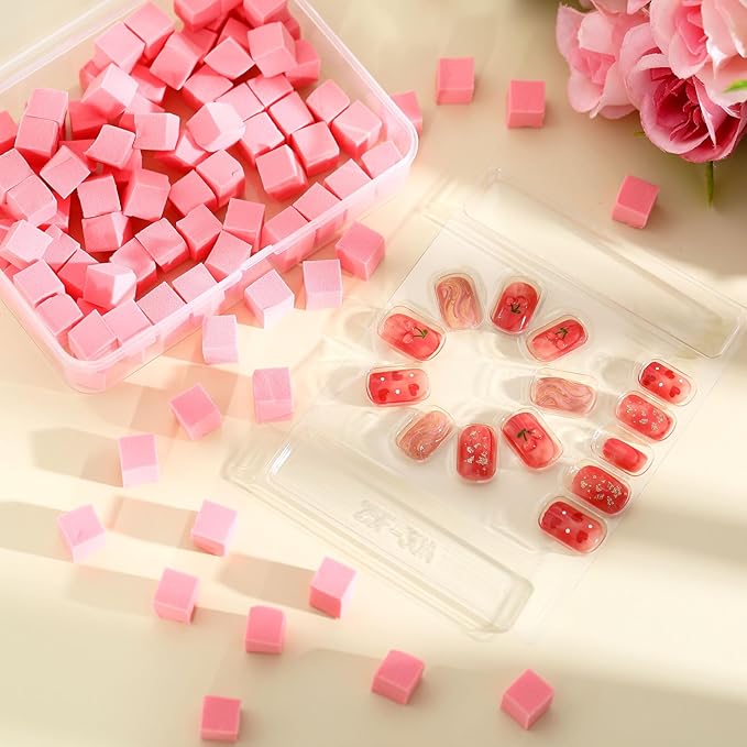 Mimorou 100 Pcs Ombre Nail Sponges Mini Nail Art Sponges with Grabbing Pen Storage Box Pink Ombre Brush Professional Tools Accessories Supplies Home Art Salon, 0.4"x0.4"
