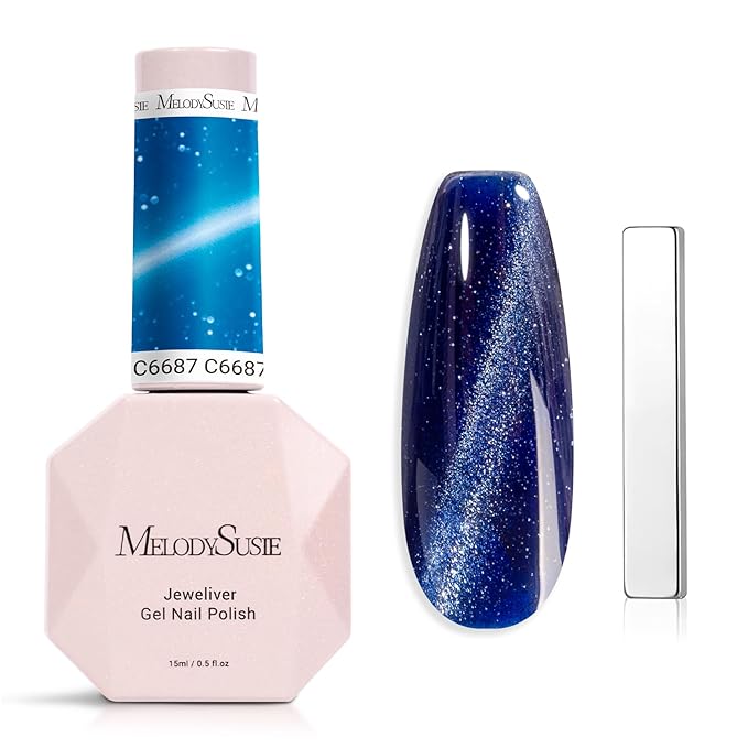 MelodySusie Jeweliver Cat Eye Gel Nail Polish, 0.5 Fl Oz Blue Glitter Holographic Magnetic Nail Polish with Magnet, UV Gel for Nail Art Manicure Salon DIY at Home C6687
