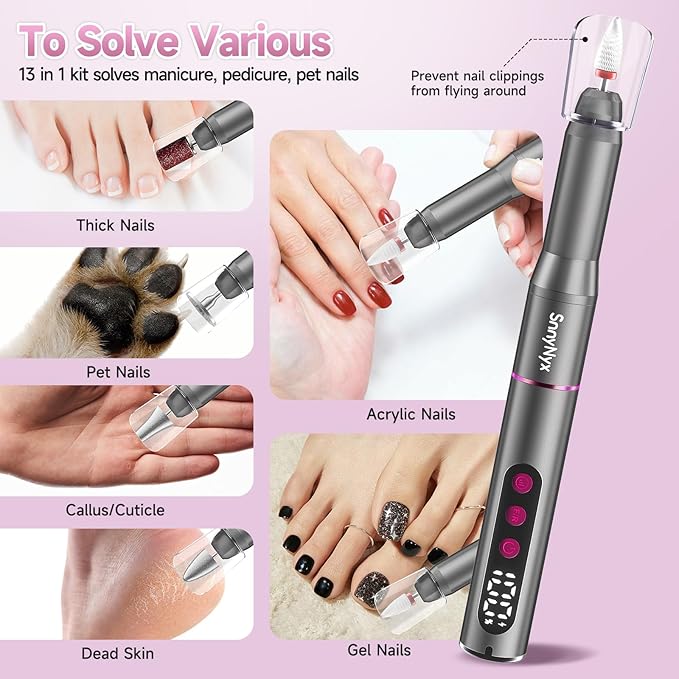 Cordless Electric Nail Drill 35000 RPM, Professional Nail File Kit with LCD Display, 12 Bits & 36 Sanding Bands, for Acrylic Gel Nails, Pet Claws, Salon & Home Use (Matte Gray)