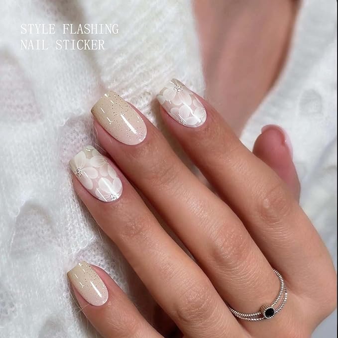 JMEOWIO Gel Nail Stickers White Flower Glitter Semi Cured Gel Nail Strips Wraps UV/LED Nails Art Design Decoration Accessories
