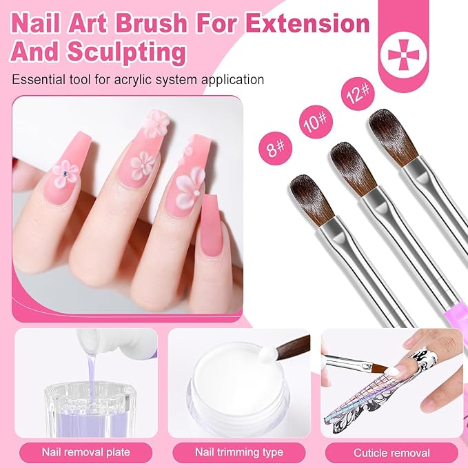 Acrylic Nail Kit -Clear White Pink Acrylic Powder with Nail files Brushes Nail Tips Nail Supplies Starter for Women Home & Salon