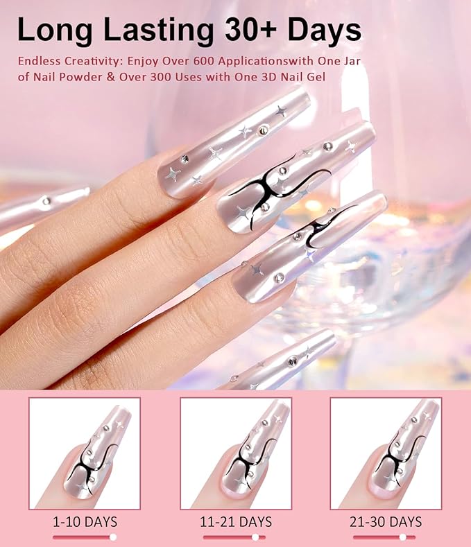 3D Nail Gel and Chrome Nail Powder: 15g No Wipe Clear 3D Sculpting Gel for Nail Non-Sticky Hand Hard Gel Carving Gel with Rose Gold White Pearl Chrome Powder for Nail Art Decoration Home DIY