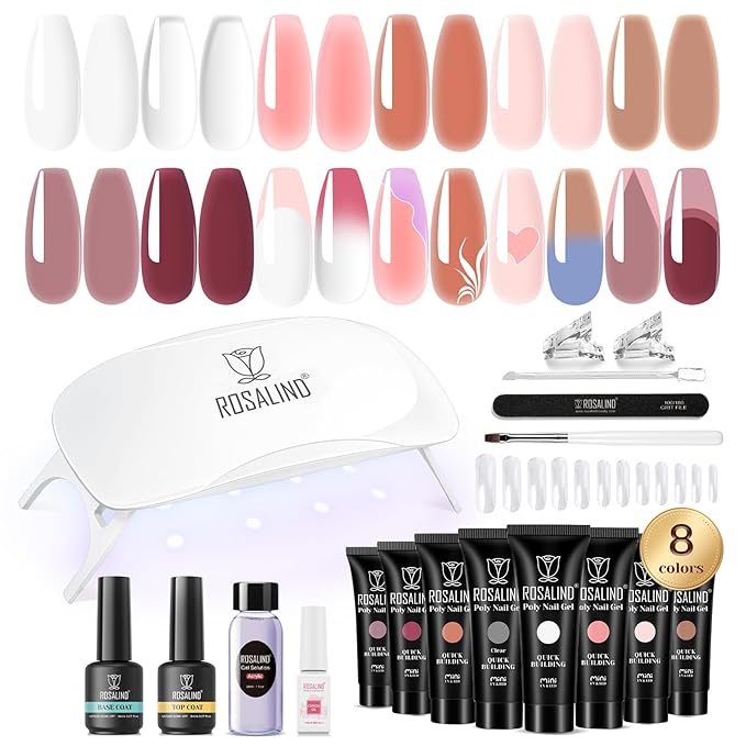 ROSALIND Poly Nail Gel Kit -8 Colors + White Brown Accessories Clear Nude Christmas Poly Nails Gel Starter Kit With Slip Solution Nude Pink Extensions Set with Mini UV Lamp