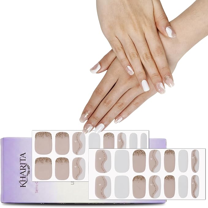 Semi Cured Gel Nail Strips – Real Gel Nail Polish Wraps for Brittle Nails | Waterproof Long Lasting Easy Peel-Off Removal | Hema-Free | White Pattern Salon Sticker Kit with File & Stick