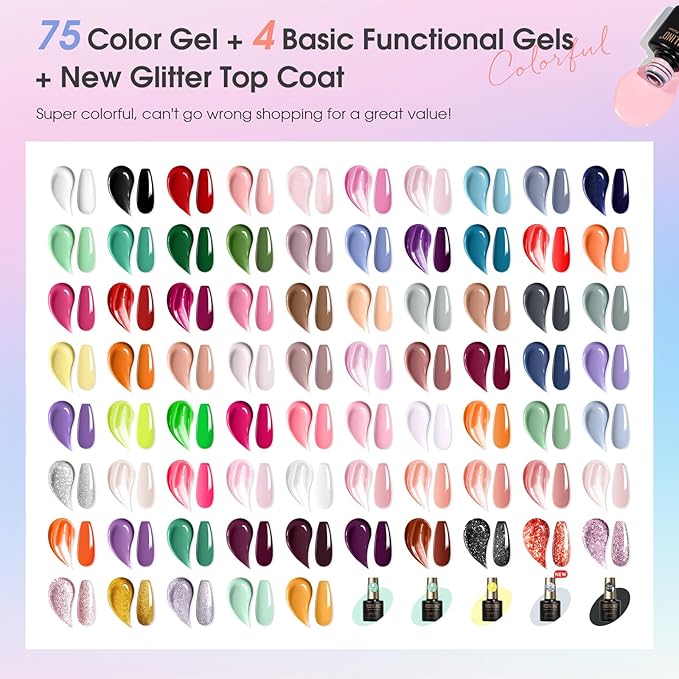 ROSALIND 80 PCS Gel Polish Set with 5PCS Top Coat and Base Coat，75 Multi-Colred u v Gel Nail Polish Kit Soak Off Nail Set for Women