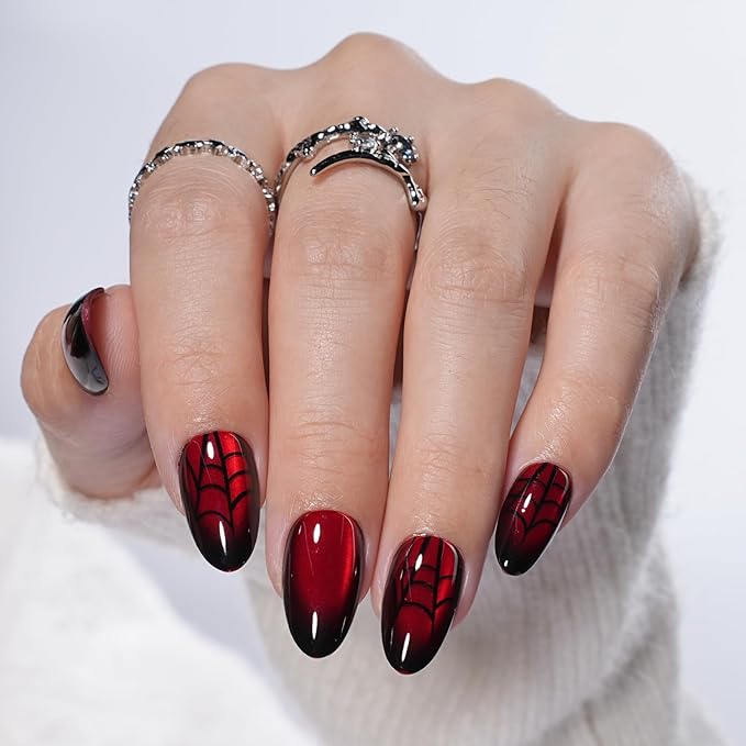Red Spider Web Cat Eye Press On Nails Short Almond, Glossy Reusable Press On Nails for Women, 32 Count 16 Sizes Nail Kit with Glue (SV-10)