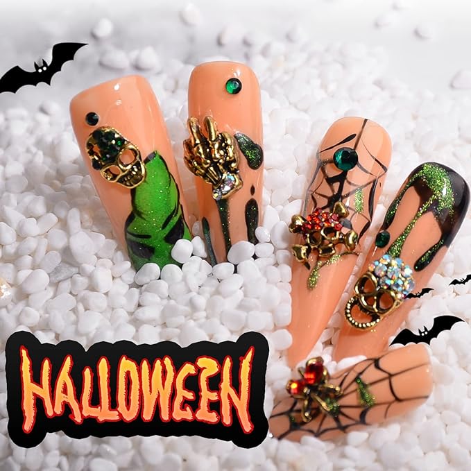 Halloween Nail Charms Rhinestones Decorations - 60Pcs/Box Multi Shape Halloween Nail Accessories Metal Punk Vintage Gold Nail Design for DIY Nail Art Craft