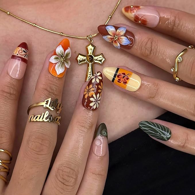 Medium Press on Nails Almond MABKJLF Fake Nails French Tip False Nails with Hibiscus Flower Beads Designs Colorful Glossy Glue on Nail Acrylic Nails for Women Girls 24Pcs