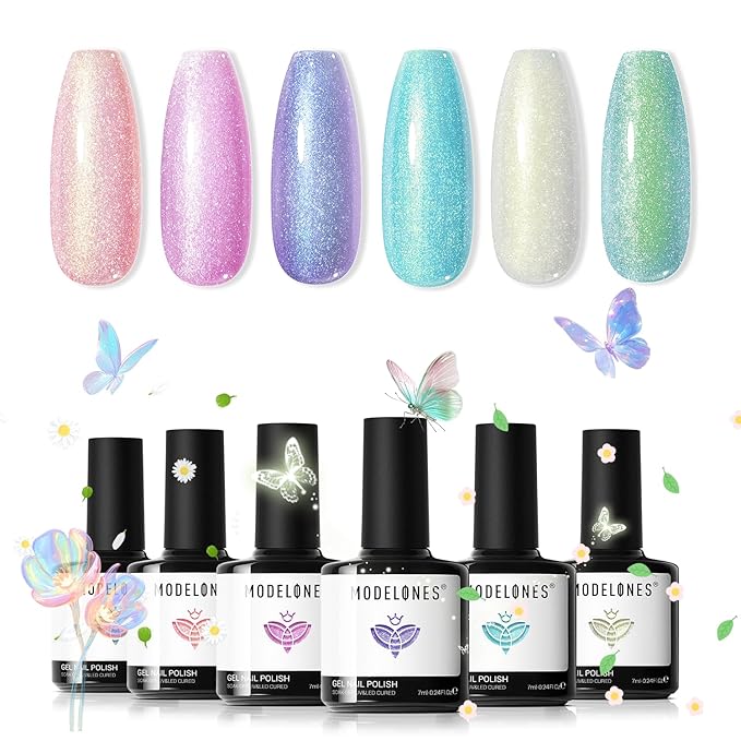 modelones Gel Nail Polish Set, 6 Colors 2026 Spring Pastel Easter Candy Mermaid White Pink Glitter Gel Polish Baby Blue Purple Galaxy Sparkle Shimmer Pearl Nail Polish Soak Off LED Nail Art DIY Gift