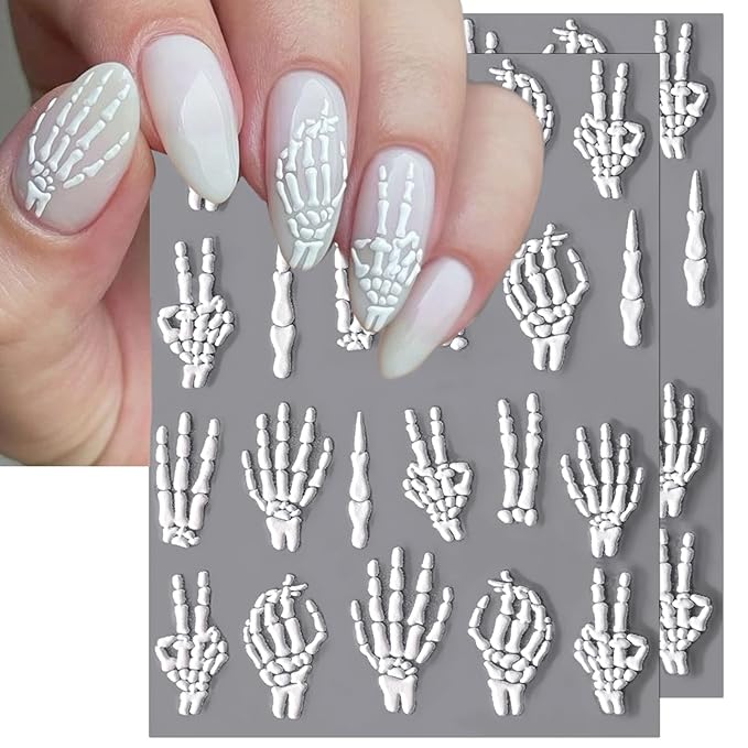 Halloween Bone Nail Stickers, 4 Sheets Embossed Skeleton Finger Self-Adhesive 5D Nail Art Decals for DIY Skull Manicure
