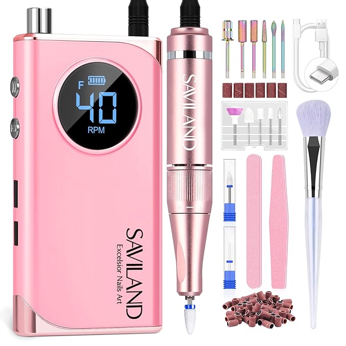 SAVILAND Electric Nail Drill Professional: 40000RPM Pink Rechargeable Electric Nail Filer with 6000mAh Battery, for Shaping, Removing & Polishing Acrylic Nails Home Salon Manicure Pedicure Ideal Gift