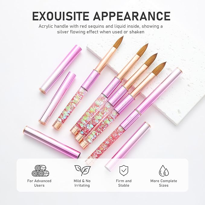 Professional Kolinsky Nail Brush - Size 08, Acrylic Powder Brush for DIY Home Salon Nail Manicure (Pink)