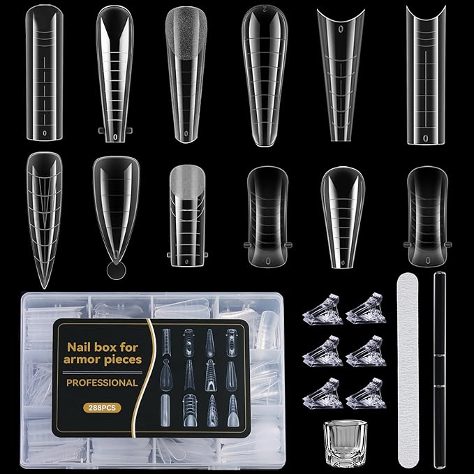 Dual Nail Forms Kit 288Pcs Polygel Nail Tips 12 Styles Poly Gel Nail Forms Reusable Stiletto Coffin French Acrylic Nail Extension Molds with Accessories - for Beginners