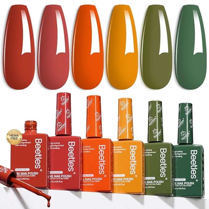 Beetles Hema-Free Gel Polish Set – 6PCS 15ML Golden Hour Hema Free Gel Nail Polish Set, Burgundy Orange Dark Red Green Color Matching Bottles Soak Off UV LED DIY Home Salon Gift for Women