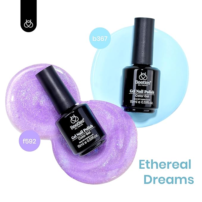Beetles Gel Nail Polish Set - 2 Colors 15ml Baby Blue Sheer Glitter Purple Soak Off UV Light Blue Gel Polish Set Ethereal Dreams Nail Art Kit DIY Home