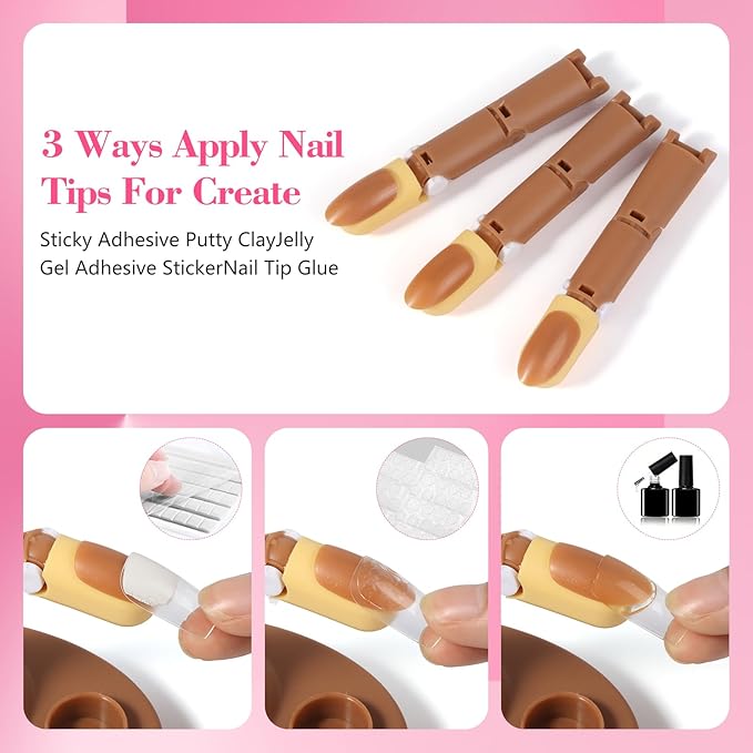 Practice Fingers Hand Acrylic Nails: 3PCS Fake Fingers to Practice Fake Nails - Manicure Acrylic Nail Hands Training Set with Base and 200PCS Brown Nail Tips for Nail Supplies
