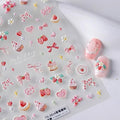 5D Embossed Nail Art Stickers Pink Nail Decals Bow Heart Cake Design Nail Stickers Cute Strawberry Nails Decoration for Women Grils Manicure Accessories