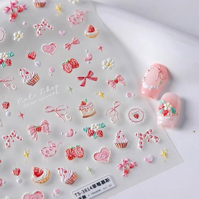 5D Embossed Nail Art Stickers Pink Nail Decals Bow Heart Cake Design Nail Stickers Cute Strawberry Nails Decoration for Women Grils Manicure Accessories